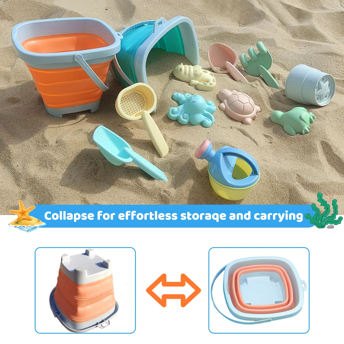 Beach Toys for Kids Sand Toys Set for Toddlers Sandbox Toys with Collapsible Bucket Shovel Rake Set Sand Molds Summer Outdoor