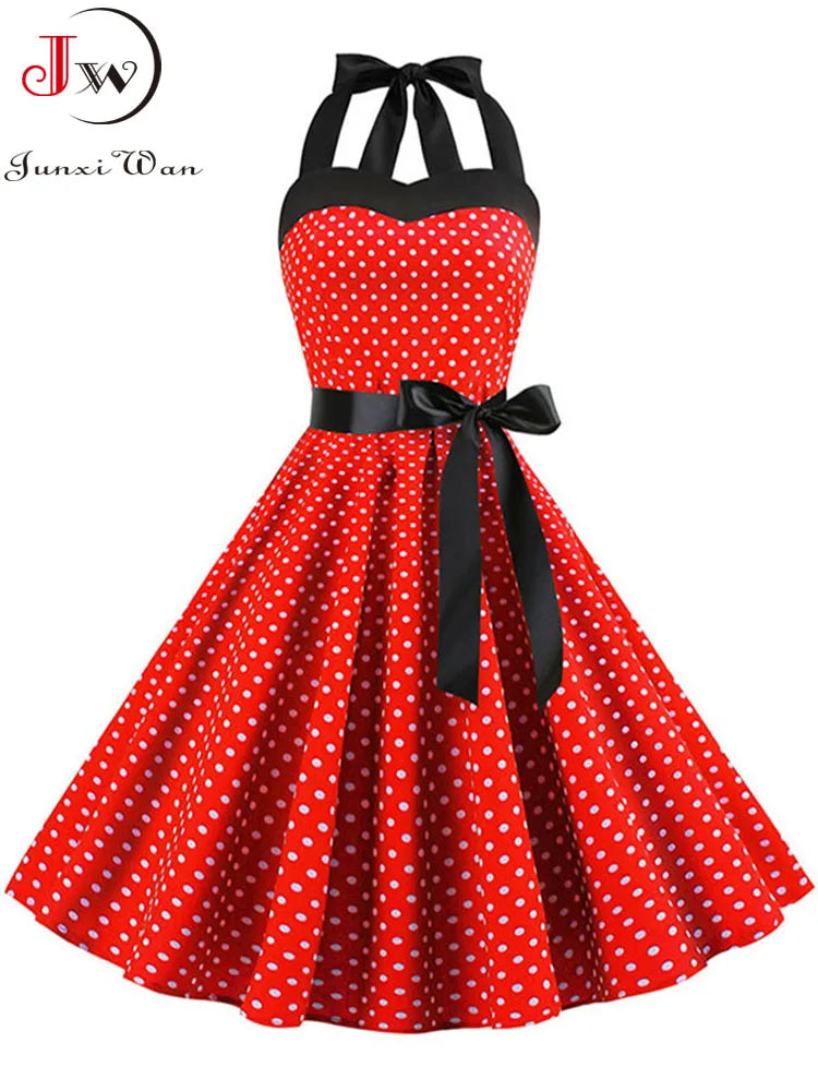 Women Polka Dot Print Summer Dress Sexy Retro White Halter Vintage Dress Robe Femme Pin Up Rockabilly Party Dress