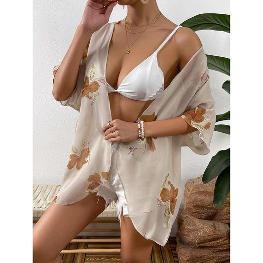 Women'S Summer Beach Kimono Cardigan Floral Print Chiffon Loose Top Bikini Cover Up Sexy Transparent Shawl Oversize Cardigan