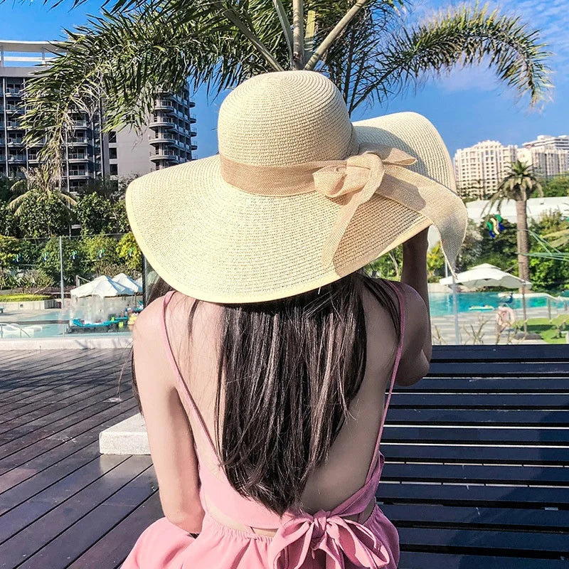 Women Summer Beach Travel Straw Hat Korean Seaside Big Hat Brim Sunblock Sunshade Holiday Foldable Fashion Big Cool Hat