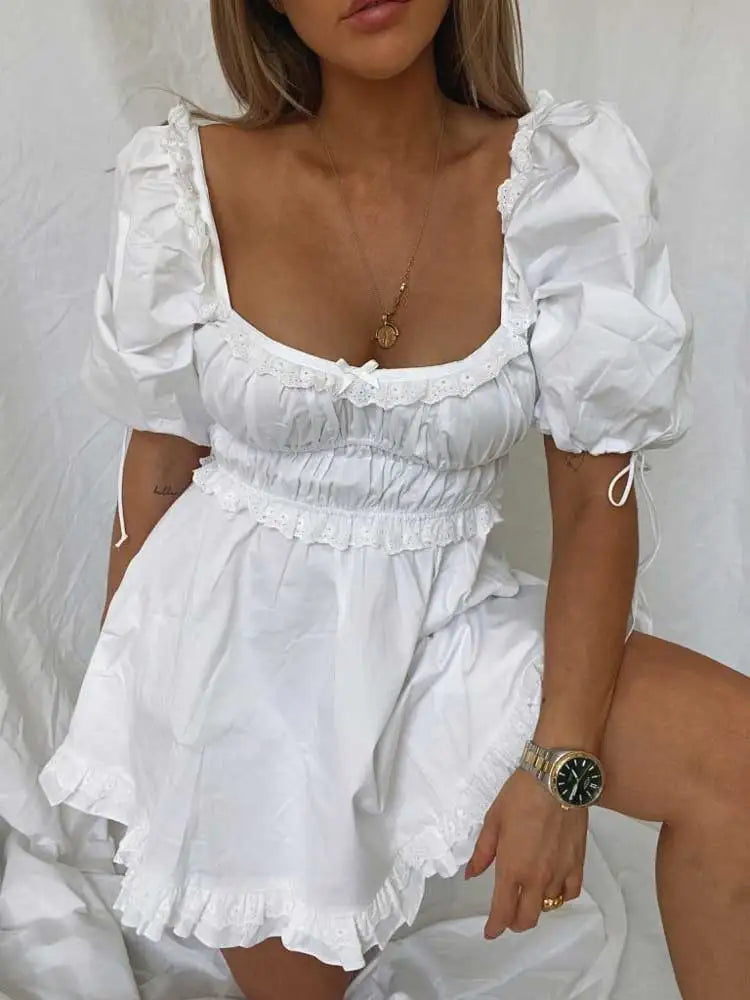 BOHO INSPIRED puff sleeve mini Sexy white party dress ruffle summer dress square neck elastic bust super chic women dress new