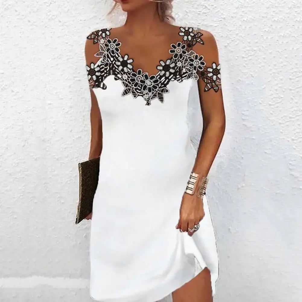 Women Summer Dress Lace Stitching Sling Mini Dress V-neck Cold Shoulder Sleeveless Slim Fit Short Dress Streetwear