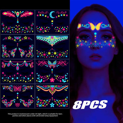 12/24pcs Luminous Temporary Tattoos Stickers UV Neon Fluorescent Glow in the Dark For Body Face Tattoo Stickers Party Accessorie