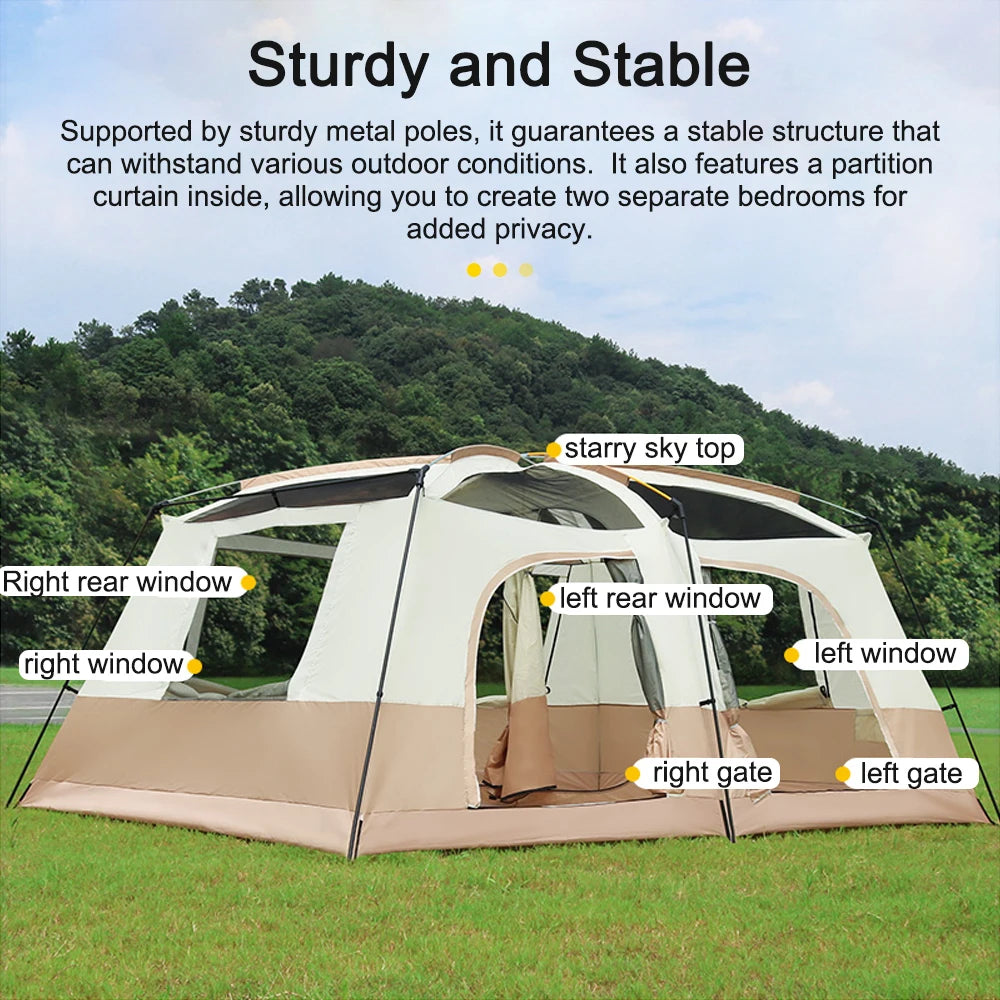 Travel Camping Tent with 2 Rooms Large Family Cabin Tent Breathable and Rainproof for 8-12 Persons Hiking Backpacking Beach