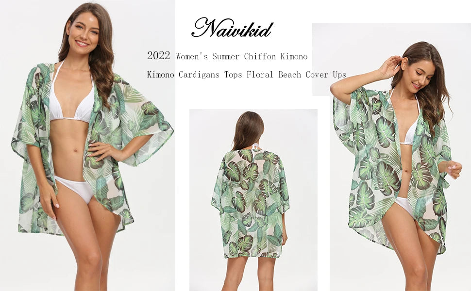 Women'S Summer Beach Kimono Cardigan Floral Print Chiffon Loose Top Bikini Cover Up Sexy Transparent Shawl Oversize Cardigan