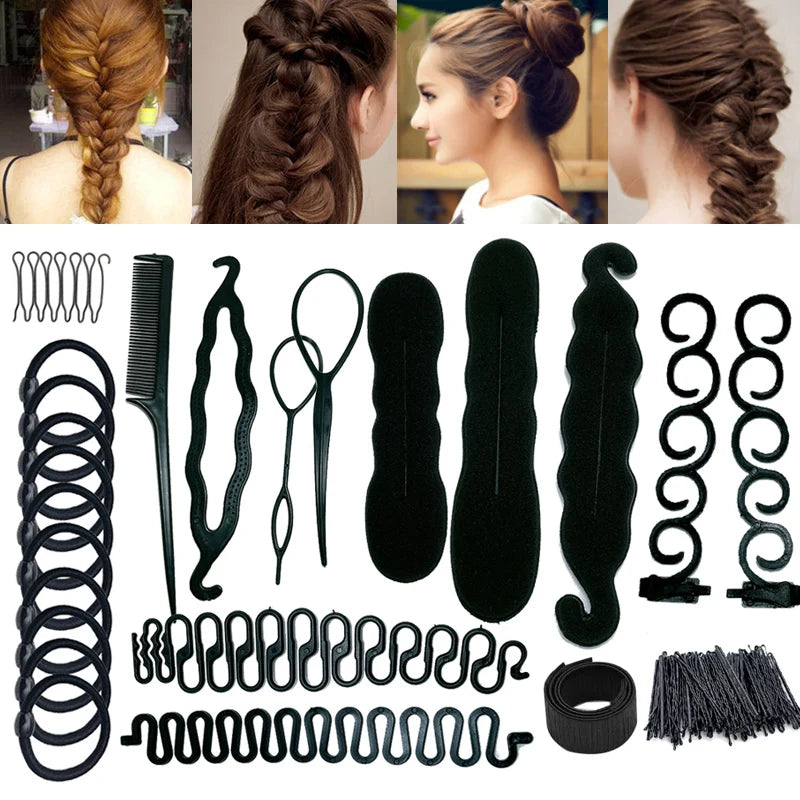 1Set bun shaper Basic Styling Toool Braid Styling Hairpins Twist Hair Clips Hairstyle Braider Sponge Donut Bun Maker DIY Women