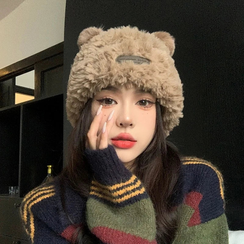 Korean Cute Little Bear Ears Plush Cap Women Autumn Winter Warm Ear Protection Hat All-match Casual Knitting Ski Beans Bonnet