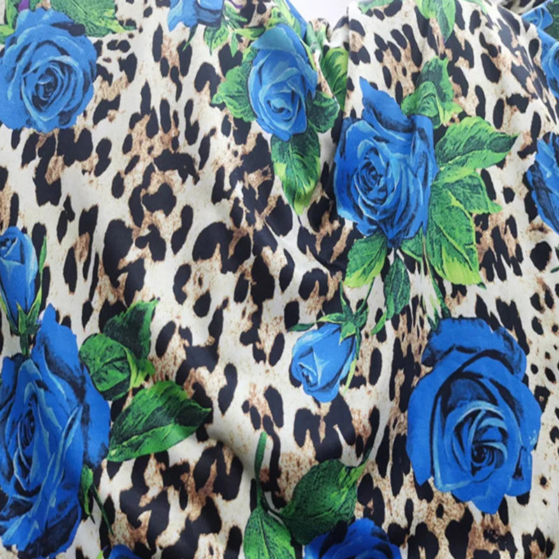 Good Brown Leopard Cotton/spandex Knit Fabric 4-Side Elastic Milk Silk Blue Rose Pattern Print Cloth  DIY Sew Dance Dress/Shirt