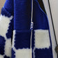 [Plush Winter Coat] Blue & White Plush Checkered Winter Coat | Men's Loose Fit, Stand Collar, Zip-Up Jacket with Drawstring Hood, Casual Style for Fall/Winter