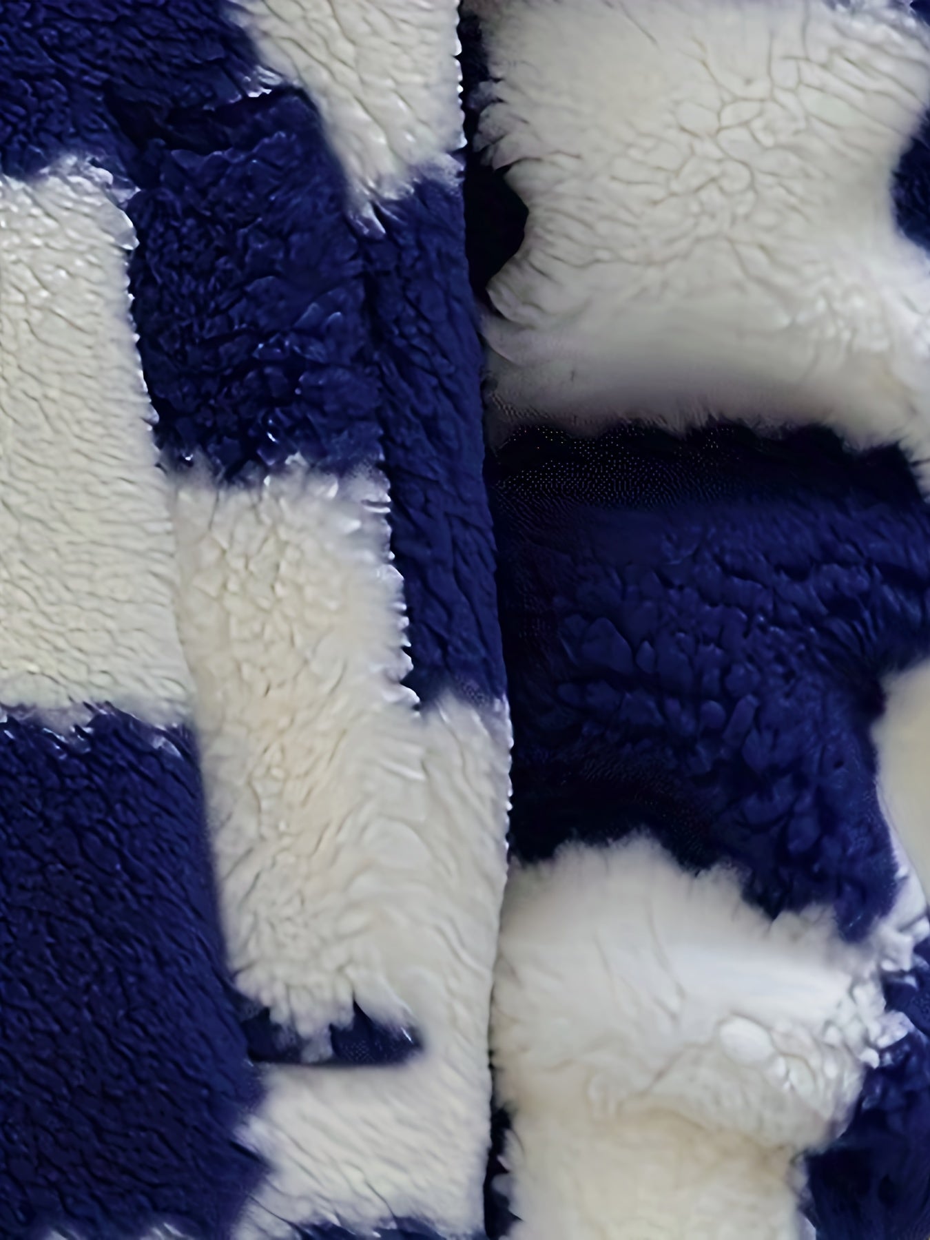 [Plush Winter Coat] Blue & White Plush Checkered Winter Coat | Men's Loose Fit, Stand Collar, Zip-Up Jacket with Drawstring Hood, Casual Style for Fall/Winter