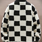 [Plush Winter Coat] Blue & White Plush Checkered Winter Coat | Men's Loose Fit, Stand Collar, Zip-Up Jacket with Drawstring Hood, Casual Style for Fall/Winter