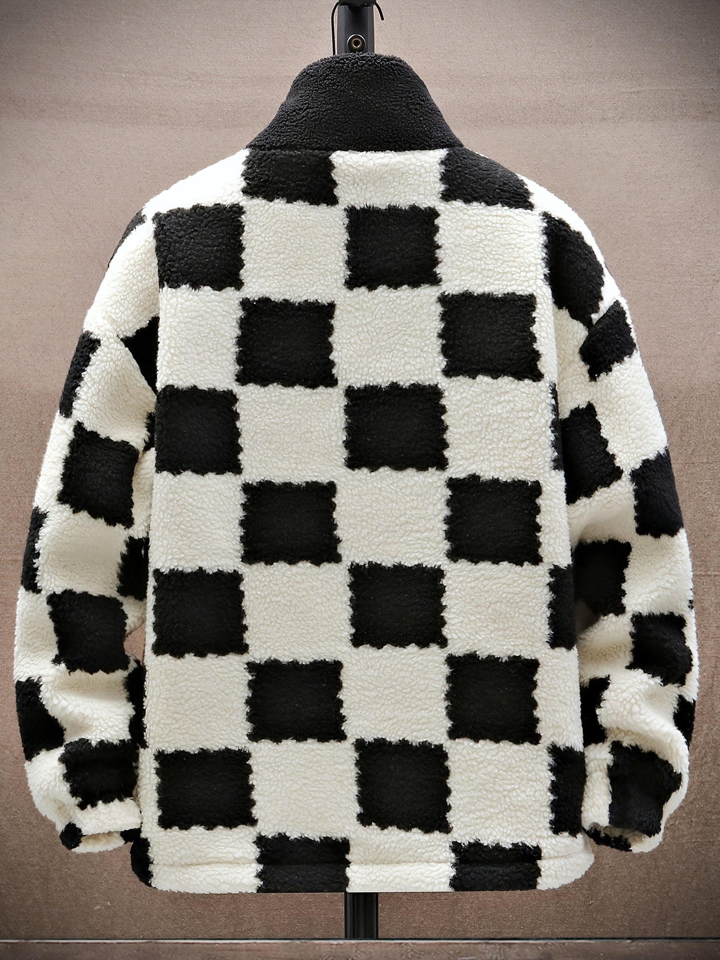 [Plush Winter Coat] Blue & White Plush Checkered Winter Coat | Men's Loose Fit, Stand Collar, Zip-Up Jacket with Drawstring Hood, Casual Style for Fall/Winter